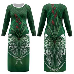 Rongoa Maori New Zealand Harakeke Family Matching Long Sleeve Bodycon Dress and Hawaiian Shirt NZ Weaving Pattern Green