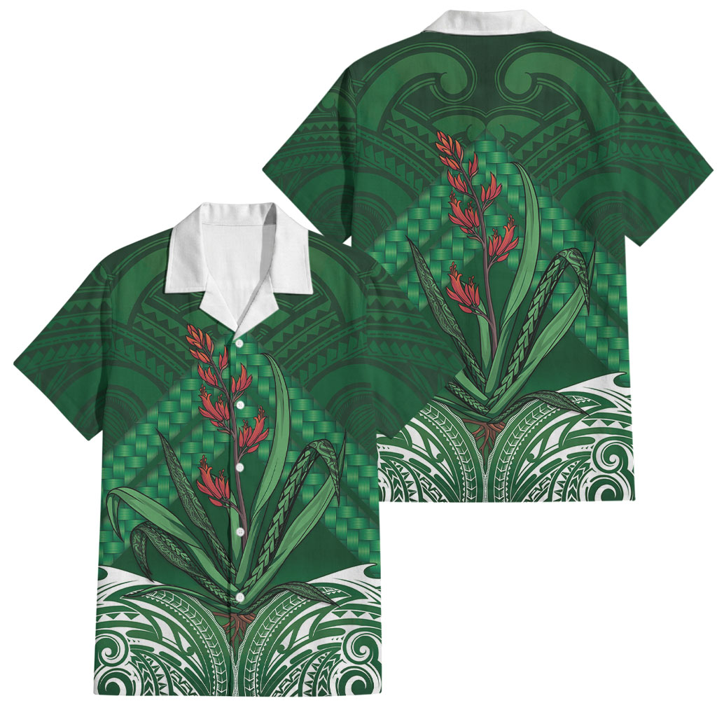 Rongoa Maori New Zealand Harakeke Family Matching Short Sleeve Bodycon Dress and Hawaiian Shirt NZ Weaving Pattern Green