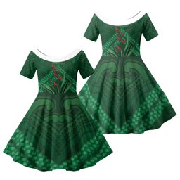 Rongoa Maori New Zealand Harakeke Family Matching Off The Shoulder Long Sleeve Dress and Hawaiian Shirt NZ Weaving Pattern Green