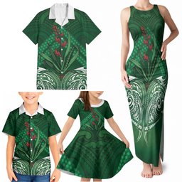 Rongoa Maori New Zealand Harakeke Family Matching Tank Maxi Dress and Hawaiian Shirt NZ Weaving Pattern Green