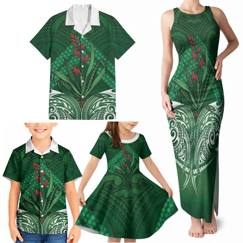 Rongoa Maori New Zealand Harakeke Family Matching Tank Maxi Dress and Hawaiian Shirt NZ Weaving Pattern Green