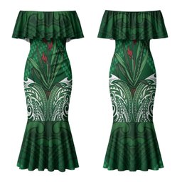 Rongoa Maori New Zealand Harakeke Family Matching Mermaid Dress and Hawaiian Shirt NZ Weaving Pattern Green