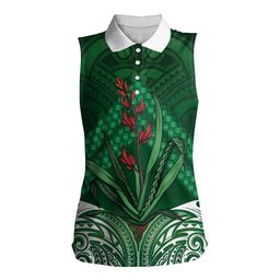Rongoa Maori New Zealand Harakeke Women Sleeveless Polo Shirt NZ Weaving Pattern Green