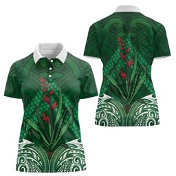 Rongoa Maori New Zealand Harakeke Women Polo Shirt NZ Weaving Pattern Green