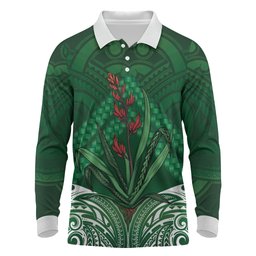 Rongoa Maori New Zealand Harakeke Long Sleeve Polo Shirt NZ Weaving Pattern Green