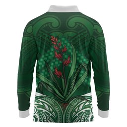 Rongoa Maori New Zealand Harakeke Long Sleeve Polo Shirt NZ Weaving Pattern Green
