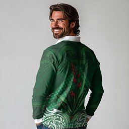 Rongoa Maori New Zealand Harakeke Long Sleeve Polo Shirt NZ Weaving Pattern Green