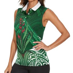 Rongoa Maori New Zealand Harakeke Women Sleeveless Polo Shirt NZ Weaving Pattern Green