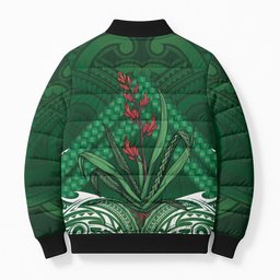 Rongoa Maori New Zealand Harakeke Bomber Puffer Jacket NZ Weaving Pattern Green