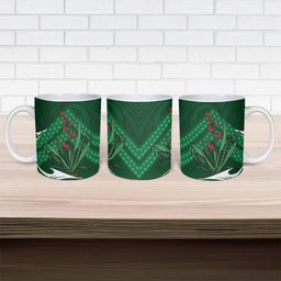 Rongoa Maori New Zealand Harakeke Ceramic Mug NZ Weaving Pattern Green