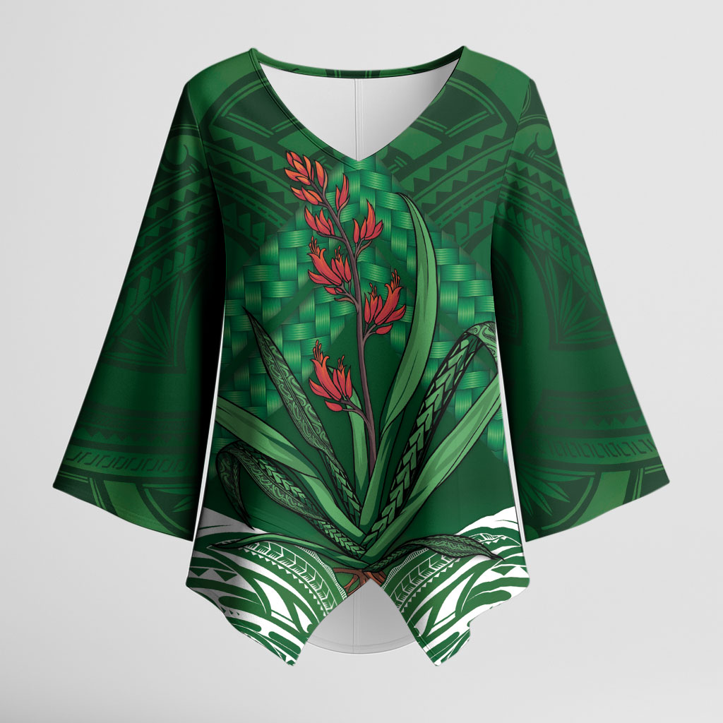 Rongoa Maori New Zealand Harakeke Kimono Sleeve Blouse NZ Weaving Pattern Green