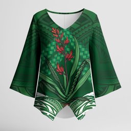 Rongoa Maori New Zealand Harakeke Kimono Sleeve Blouse NZ Weaving Pattern Green