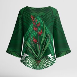 Rongoa Maori New Zealand Harakeke Kimono Sleeve Blouse NZ Weaving Pattern Green