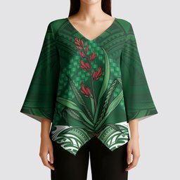Rongoa Maori New Zealand Harakeke Kimono Sleeve Blouse NZ Weaving Pattern Green