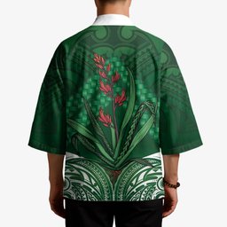 Rongoa Maori New Zealand Harakeke Kimono NZ Weaving Pattern Green