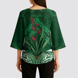 Rongoa Maori New Zealand Harakeke Kimono Sleeve Blouse NZ Weaving Pattern Green