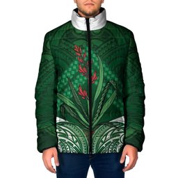 Rongoa Maori New Zealand Harakeke Padded Jacket NZ Weaving Pattern Green