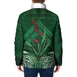 Rongoa Maori New Zealand Harakeke Padded Jacket NZ Weaving Pattern Green