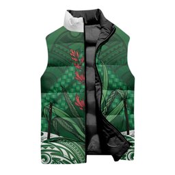 Rongoa Maori New Zealand Harakeke Sleeveless Puffer Jacket NZ Weaving Pattern Green