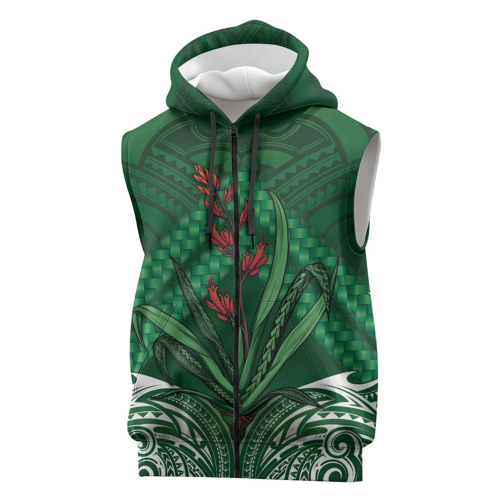 Rongoa Maori New Zealand Harakeke Sleeveless Zip Hoodie NZ Weaving Pattern Green