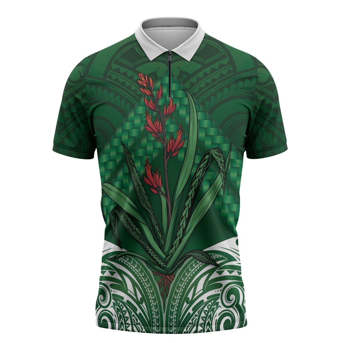 Rongoa Maori New Zealand Harakeke Zipper Polo Shirt NZ Weaving Pattern Green