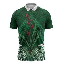 Rongoa Maori New Zealand Harakeke Zipper Polo Shirt NZ Weaving Pattern Green