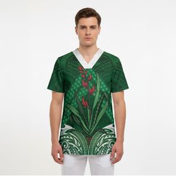 Rongoa Maori New Zealand Harakeke Scrub Top NZ Weaving Pattern Green