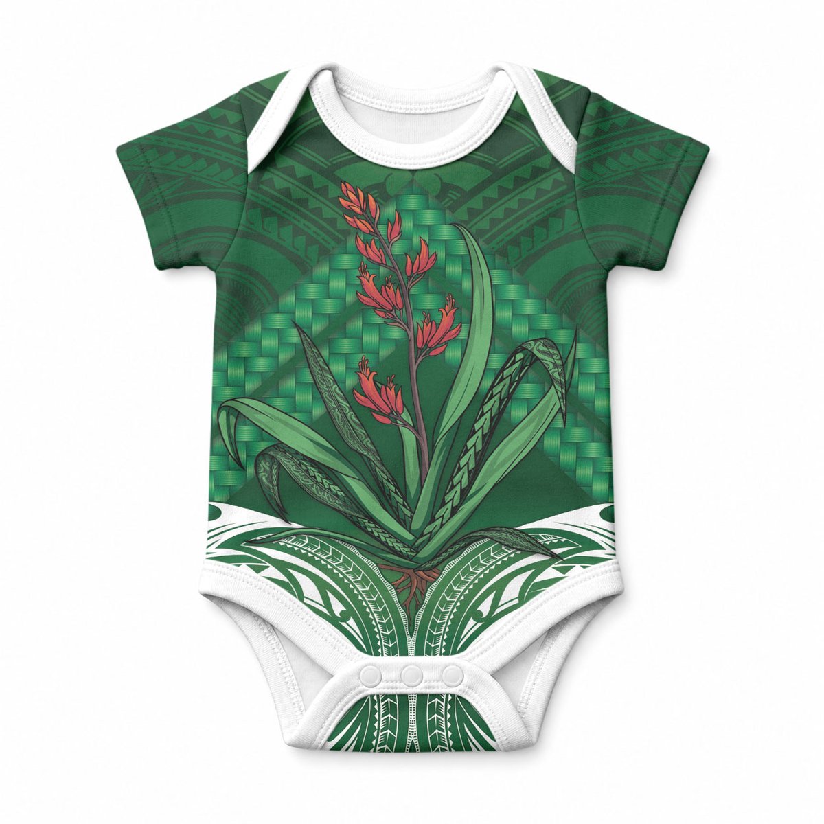 Rongoa Maori New Zealand Harakeke Baby Onesie NZ Weaving Pattern Green