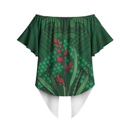 Rongoa Maori New Zealand Harakeke Off Shoulder Wrap Waist Top NZ Weaving Pattern Green
