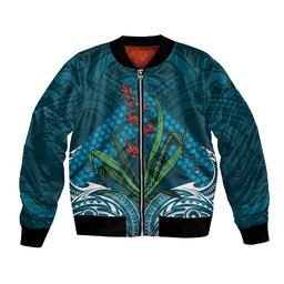 Rongoa Maori New Zealand Harakeke Bomber Jacket NZ Weaving Pattern Dark Teal