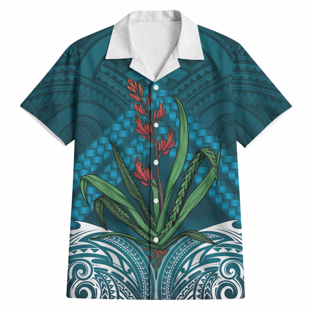 Rongoa Maori New Zealand Harakeke Hawaiian Shirt NZ Weaving Pattern Dark Teal
