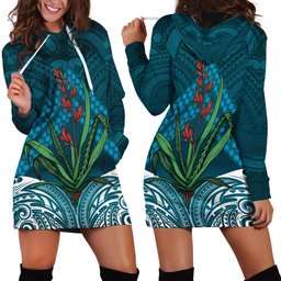 Rongoa Maori New Zealand Harakeke Hoodie Dress NZ Weaving Pattern Dark Teal