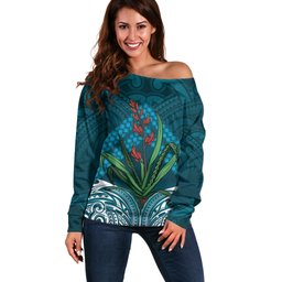Rongoa Maori New Zealand Harakeke Off Shoulder Sweater NZ Weaving Pattern Dark Teal