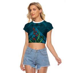 Rongoa Maori New Zealand Harakeke Raglan Cropped T Shirt NZ Weaving Pattern Dark Teal