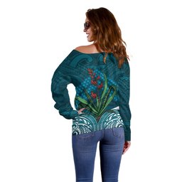 Rongoa Maori New Zealand Harakeke Off Shoulder Sweater NZ Weaving Pattern Dark Teal