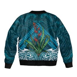 Rongoa Maori New Zealand Harakeke Sleeve Zip Bomber Jacket NZ Weaving Pattern Dark Teal