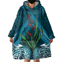 Rongoa Maori New Zealand Harakeke Wearable Blanket Hoodie NZ Weaving Pattern Dark Teal