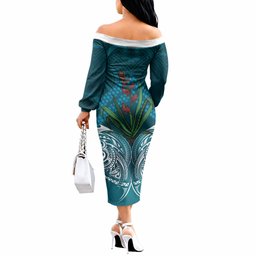 Rongoa Maori New Zealand Harakeke Off The Shoulder Long Sleeve Dress NZ Weaving Pattern Dark Teal