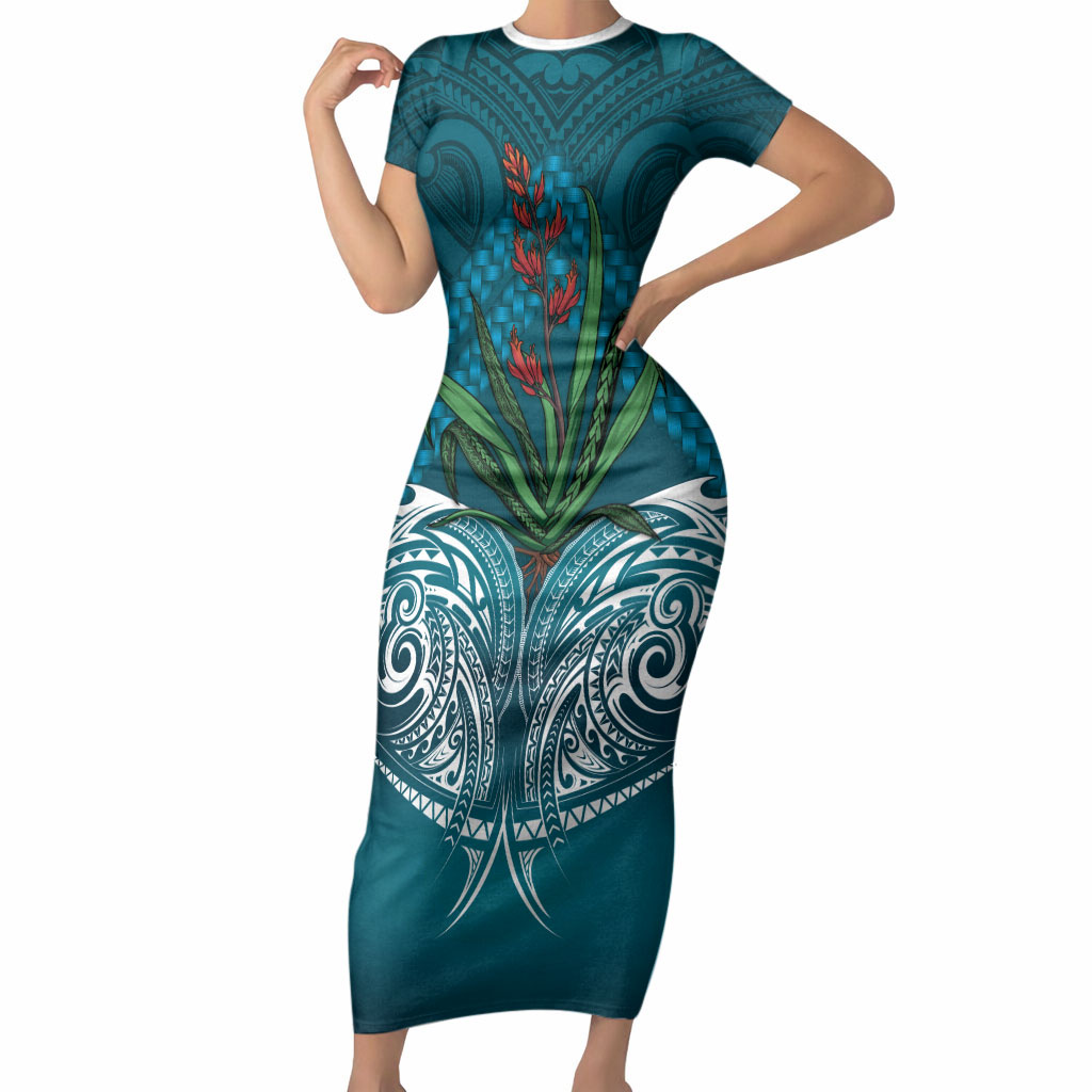 Rongoa Maori New Zealand Harakeke Short Sleeve Bodycon Dress NZ Weaving Pattern Dark Teal