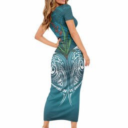 Rongoa Maori New Zealand Harakeke Short Sleeve Bodycon Dress NZ Weaving Pattern Dark Teal