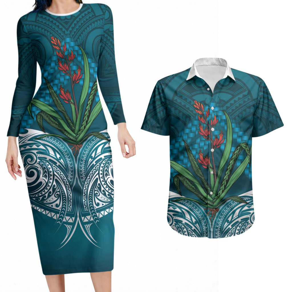 Rongoa Maori New Zealand Harakeke Couples Matching Long Sleeve Bodycon Dress and Hawaiian Shirt NZ Weaving Pattern Dark Teal
