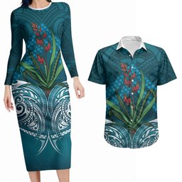 Rongoa Maori New Zealand Harakeke Couples Matching Long Sleeve Bodycon Dress and Hawaiian Shirt NZ Weaving Pattern Dark Teal