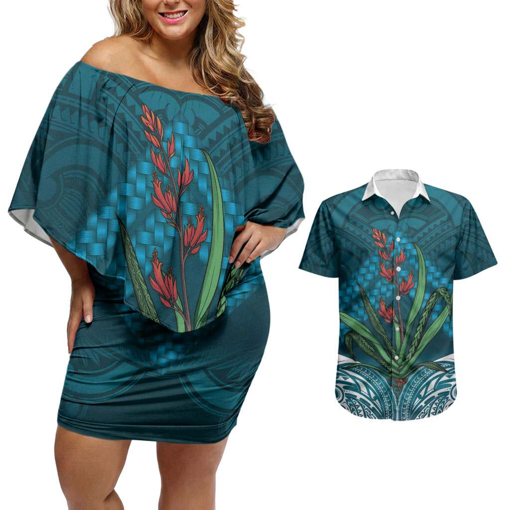 Rongoa Maori New Zealand Harakeke Couples Matching Off Shoulder Short Dress and Hawaiian Shirt NZ Weaving Pattern Dark Teal