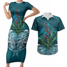 Rongoa Maori New Zealand Harakeke Couples Matching Short Sleeve Bodycon Dress and Hawaiian Shirt NZ Weaving Pattern Dark Teal