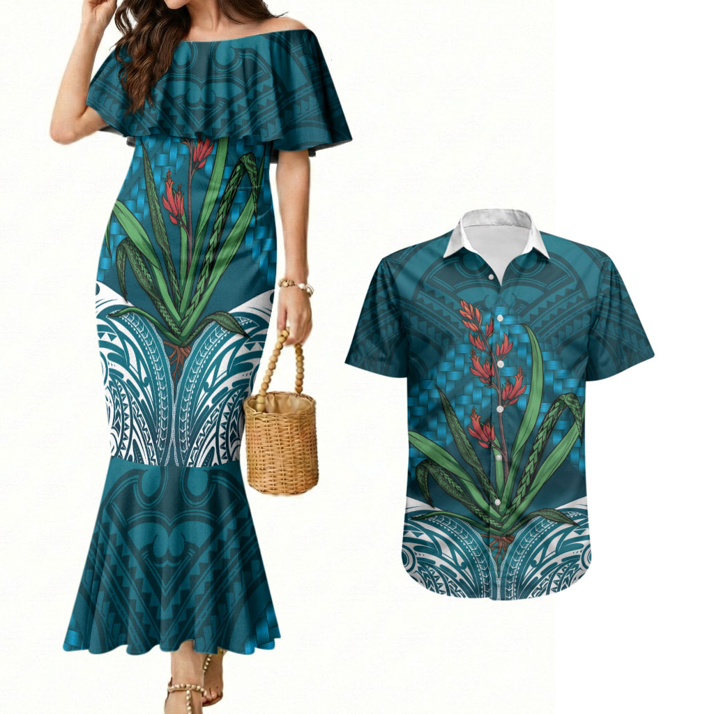 Rongoa Maori New Zealand Harakeke Couples Matching Mermaid Dress and Hawaiian Shirt NZ Weaving Pattern Dark Teal