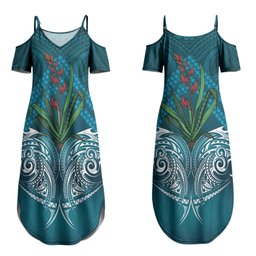 Rongoa Maori New Zealand Harakeke Couples Matching Summer Maxi Dress and Hawaiian Shirt NZ Weaving Pattern Dark Teal