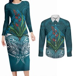 Rongoa Maori New Zealand Harakeke Couples Matching Long Sleeve Bodycon Dress and Long Sleeve Button Shirt NZ Weaving Pattern Dark Teal