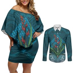 Rongoa Maori New Zealand Harakeke Couples Matching Off Shoulder Short Dress and Long Sleeve Button Shirt NZ Weaving Pattern Dark Teal