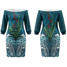 Rongoa Maori New Zealand Harakeke Couples Matching Off The Shoulder Long Sleeve Dress and Long Sleeve Button Shirt NZ Weaving Pattern Dark Teal