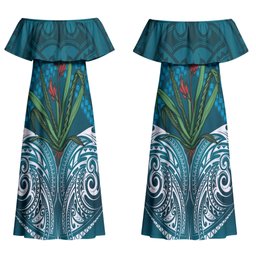 Rongoa Maori New Zealand Harakeke Couples Matching Off Shoulder Maxi Dress and Long Sleeve Button Shirt NZ Weaving Pattern Dark Teal
